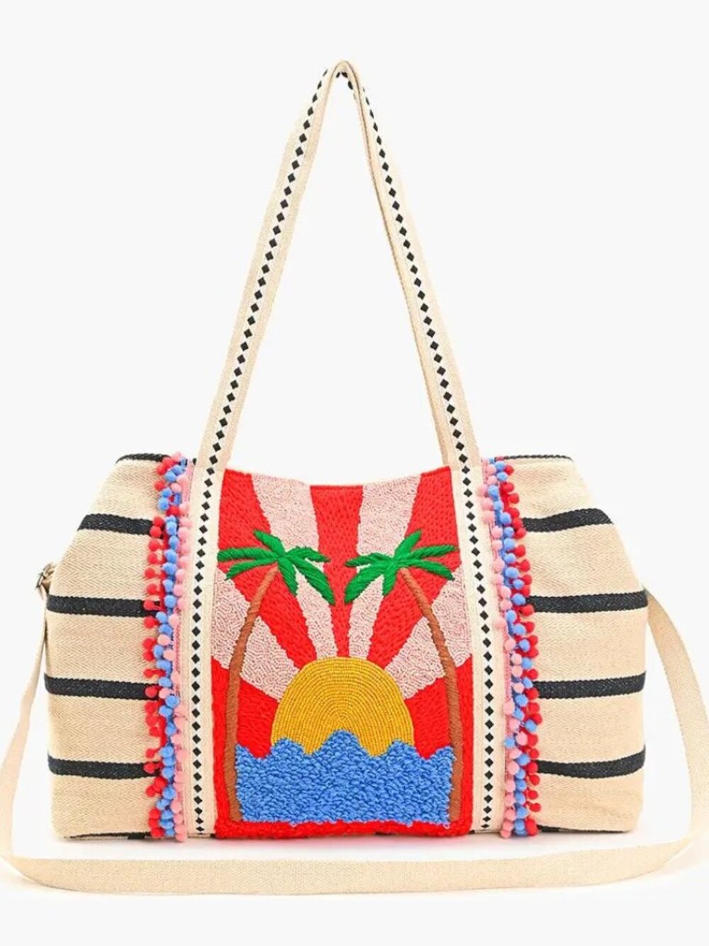 America & Beyond XL Beaded Tote Beach Bag Palm Tree Resort Cruise Travel Bag